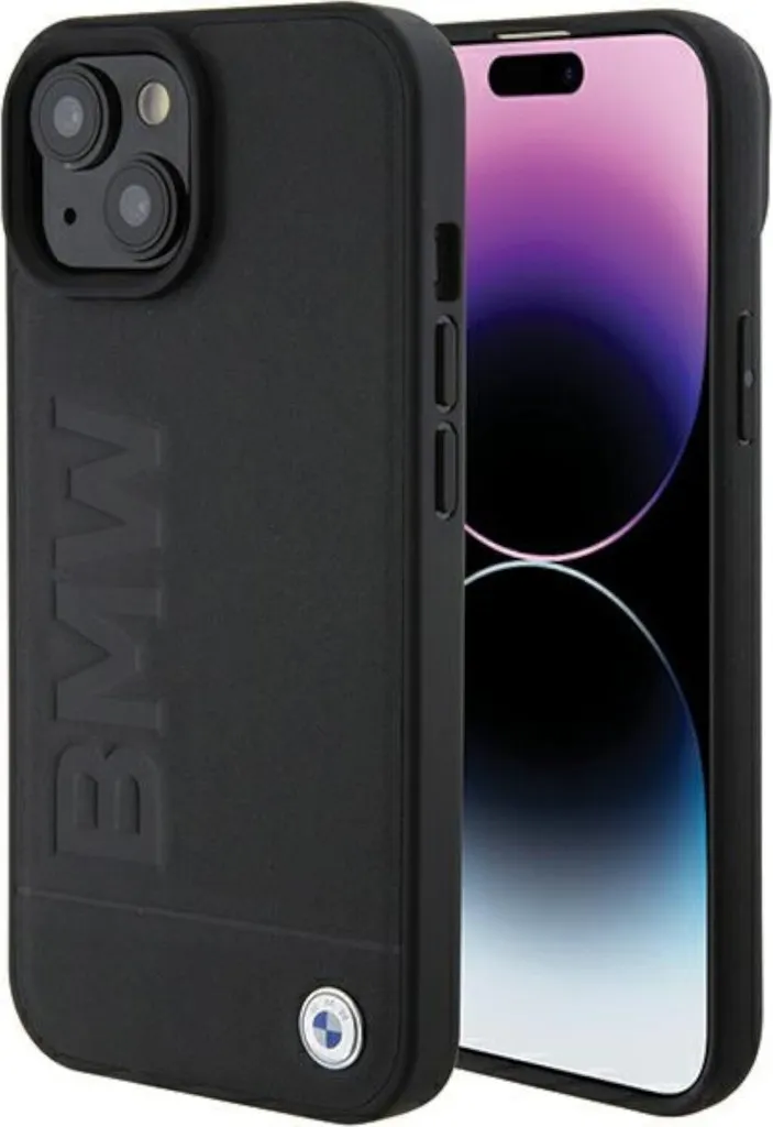 Custodia BMW iPhone 15 Plus MagSafe in Pelle Nera Timbro a Caldo