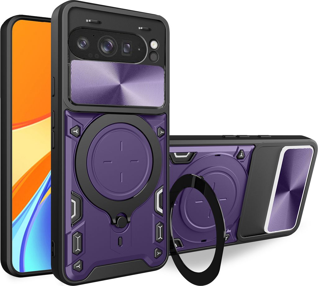 Handyhülle für Google Pixel 9 Pro XL Dual-Layer Stoßfest Rüstung Hülle mit Dia Kameraschutz und Kreisförmig Ring Ständer Lila