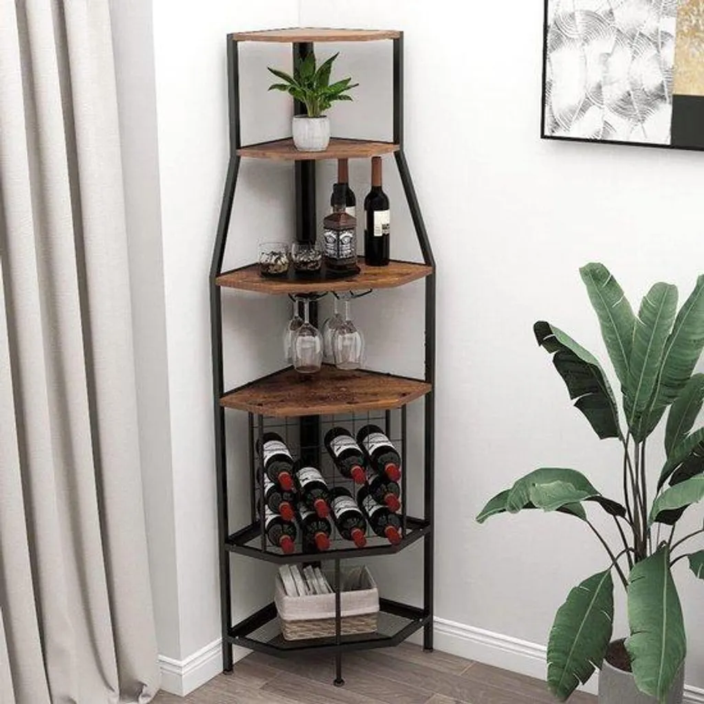 Étagère 5 niveaux marron vintage bois et compartiment verre de sécurité