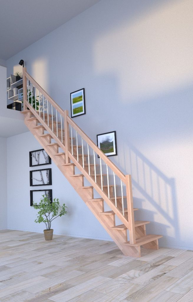 Holztreppe Lindos (Buche) in gerader Ausführung-100 cm-Holz-Edelstahl Geländer-ohne Setzstufen