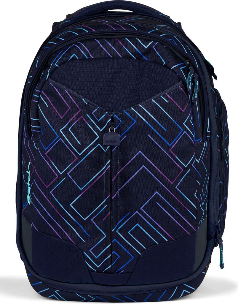 A navy blue backpack with a geometric pattern in shades of blue, purple, and pink.