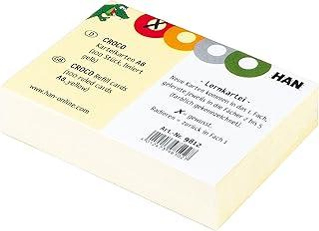 HAN Karteikarten CROCO – 10 PACKS à 100 STÜCK, Karteikarten A8 quer, farbig bedruckter, stabiler, gelber Karton mit vier bunten Kreisen zum Ank...
