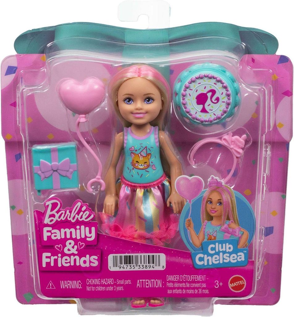 Barbie Chelsea Club , kleine Puppe mit Geburtstagsthema, mit blonden Haaren und pinken Strähnen, Party-Zubehörteile, Mini-Puppe, Weiblich, 3 Jahr...