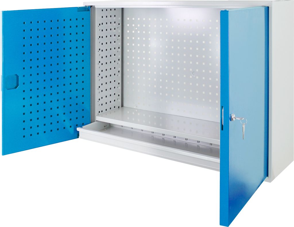 Werkzeugwandschrank mit 2 Türen + 1 Fachboden + 1 Schublade | HxBxT 75,5x105x31cm | Lichtgrau/Lichtblau