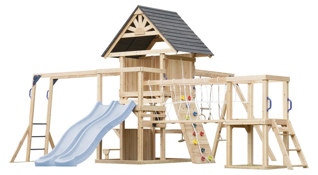 AXI Hunter Spielturm aus Holz mit 2 Schaukeln & doppelter Rutsche in Pastellblau | XXL Spielhaus / Spielplatz für Kinder mit Klettergerüst, Klett...