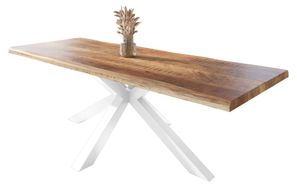 Esstisch Baumkante massiv Mango rough 260 x 100 Spider-Gestell weiß ATLAS