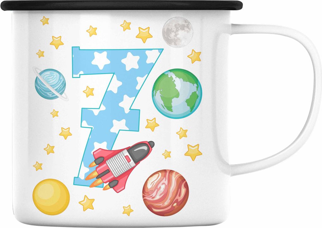 Trendation - 7. Geburtstag Emaille Tasse Geschenk Becher Siebter Bday Geschenkidee 7 Jahre Alt Junge Mädchen KakaoEmaille Tasse (Schwarz)