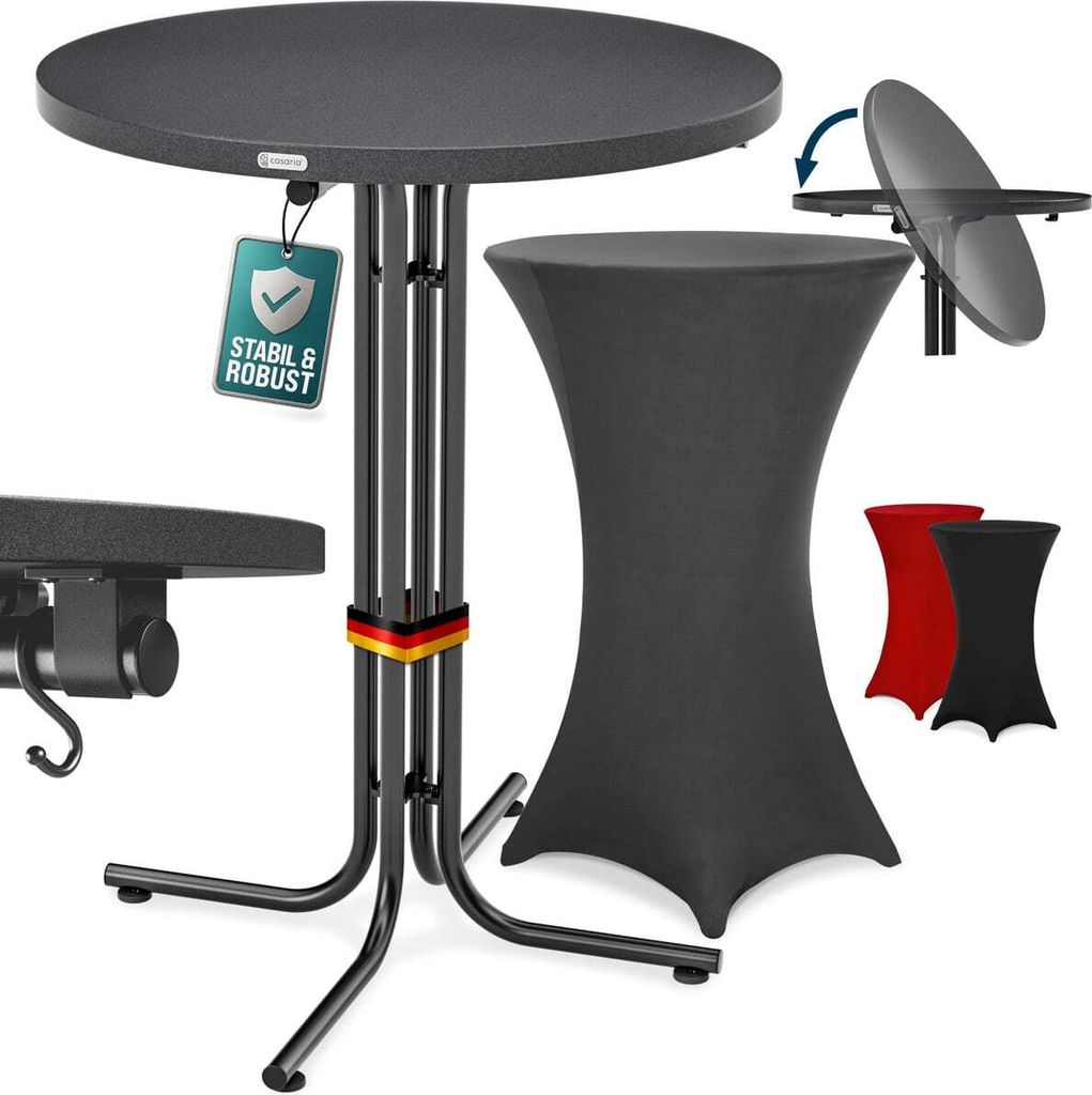 CASARIA Stehtisch mit Husse 70cm Klappbar Grau Rund Holz Metall Pulverbeschichtet Wetterfest Hoch Set Hochzeit Bistrotisch Bartisch Garten Partyt...