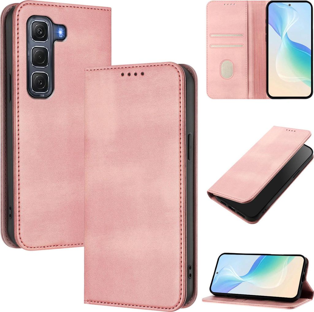 Handyhülle für Infinix Hot 60 Pro, Vintage Leder RFID Schutz Kartenfach Standfunktion Magnetische Klapphülle Pink