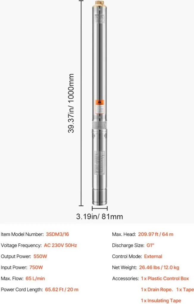 Pompe à Eau de Forage 750W Inox - Solution de Relevage 210 Pieds - 7