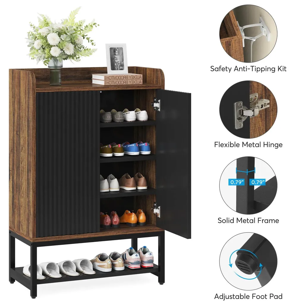 Armoire à chaussures noire et marron en bois, meuble de 5 niveaux