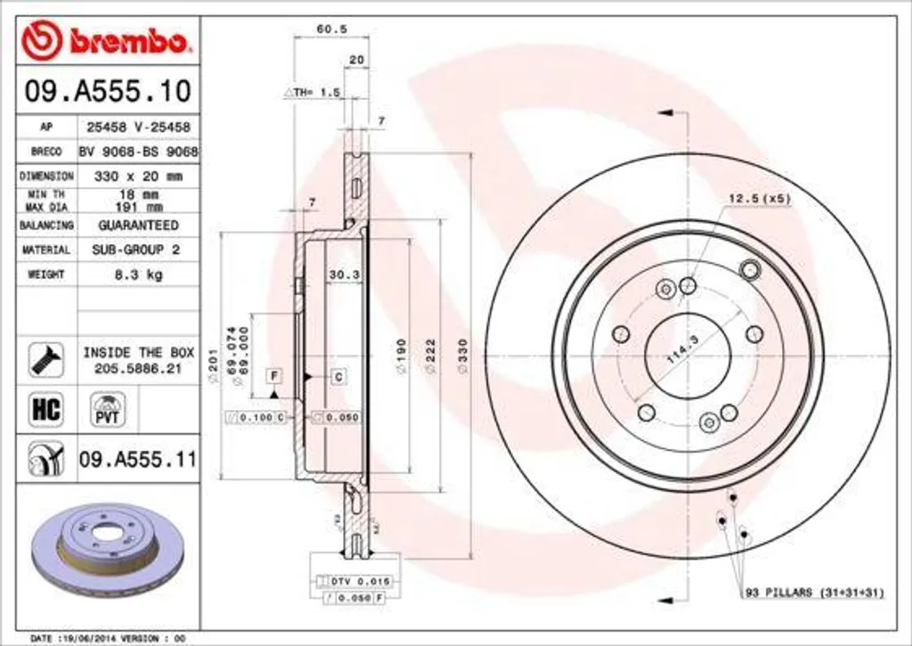 Disque de frein haute teneur en carbone Brembo 09.A555.11 OE 584112M700