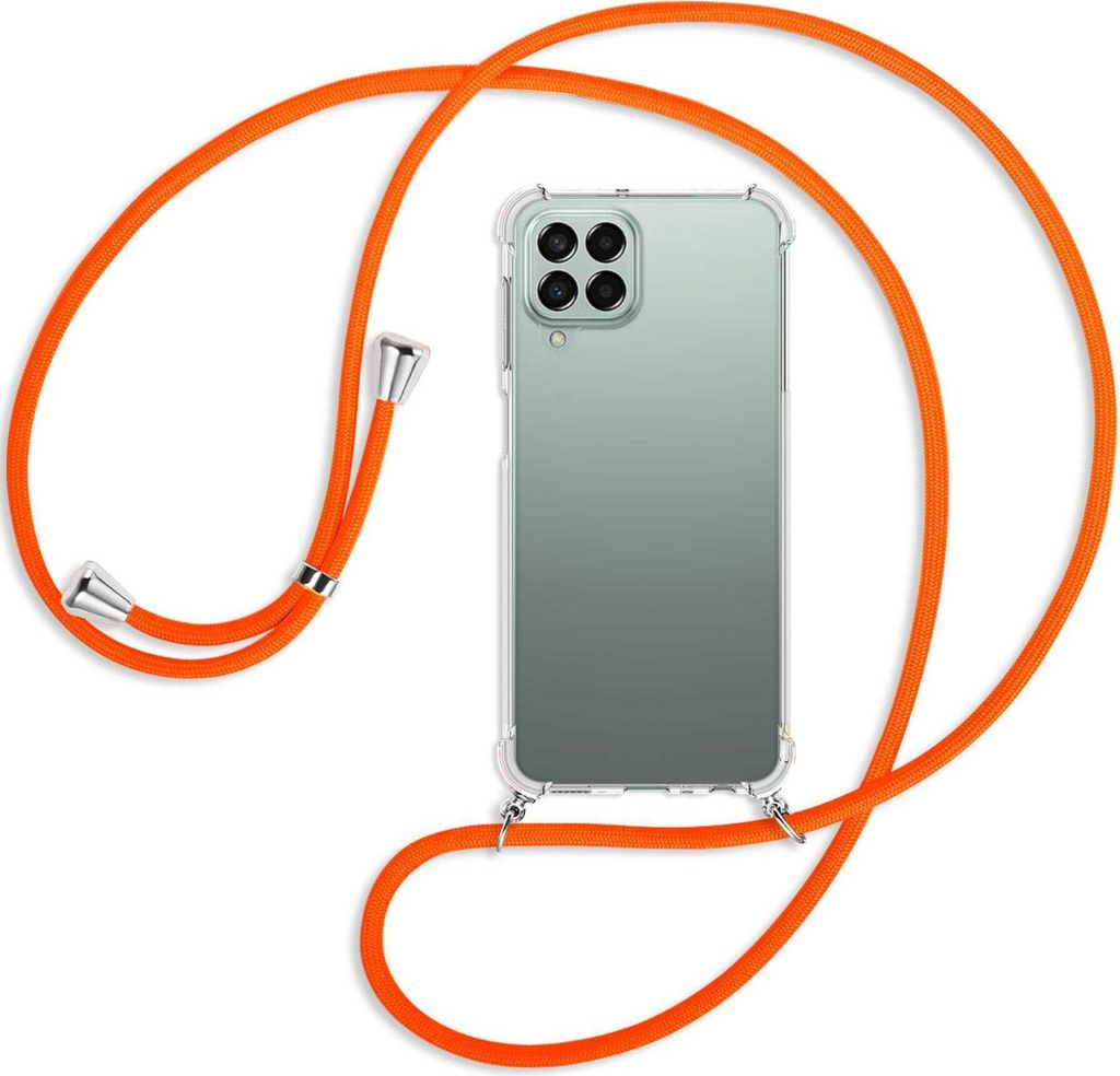 Handykette Backcover-Schutzhülle mit Band (Metall silberfarben) für Samsung Galaxy M33 - neonorange