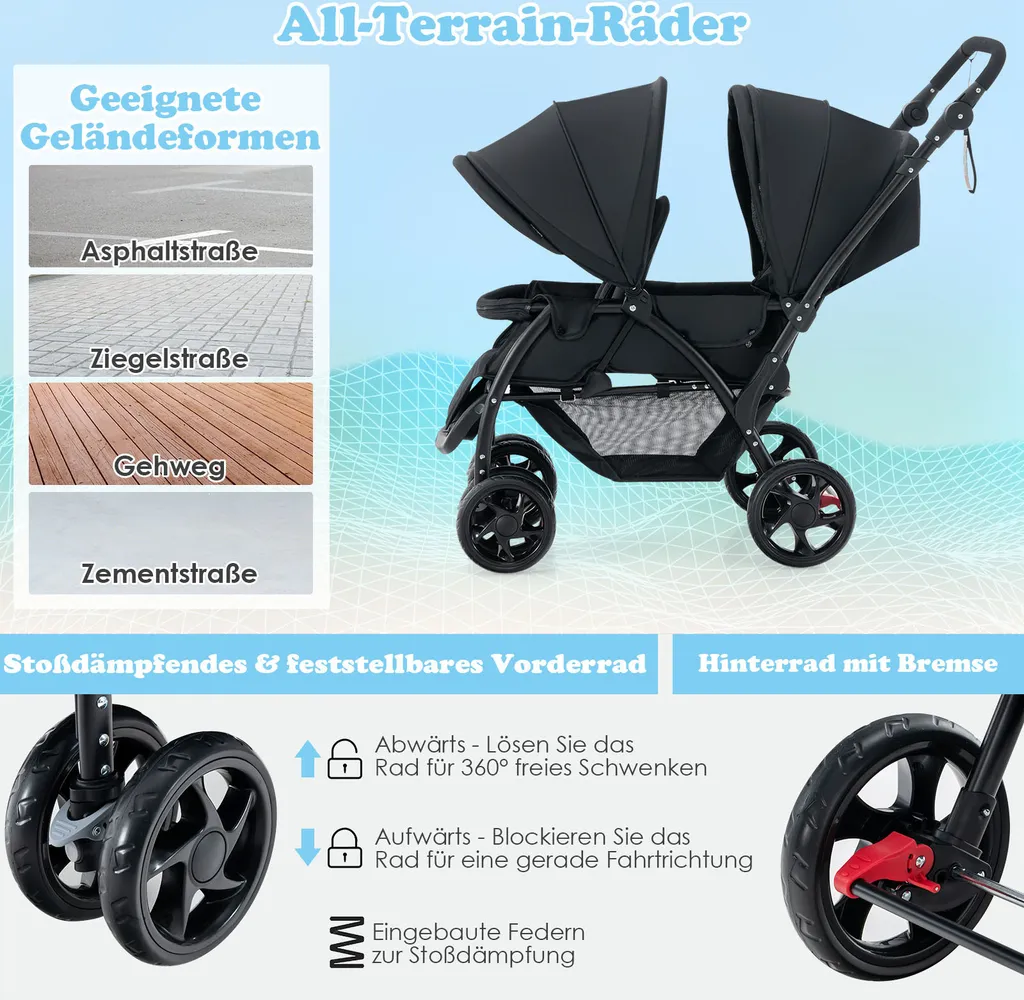 Poussette jumelle pour sorties urbaines pliable et compacte coloris noir
