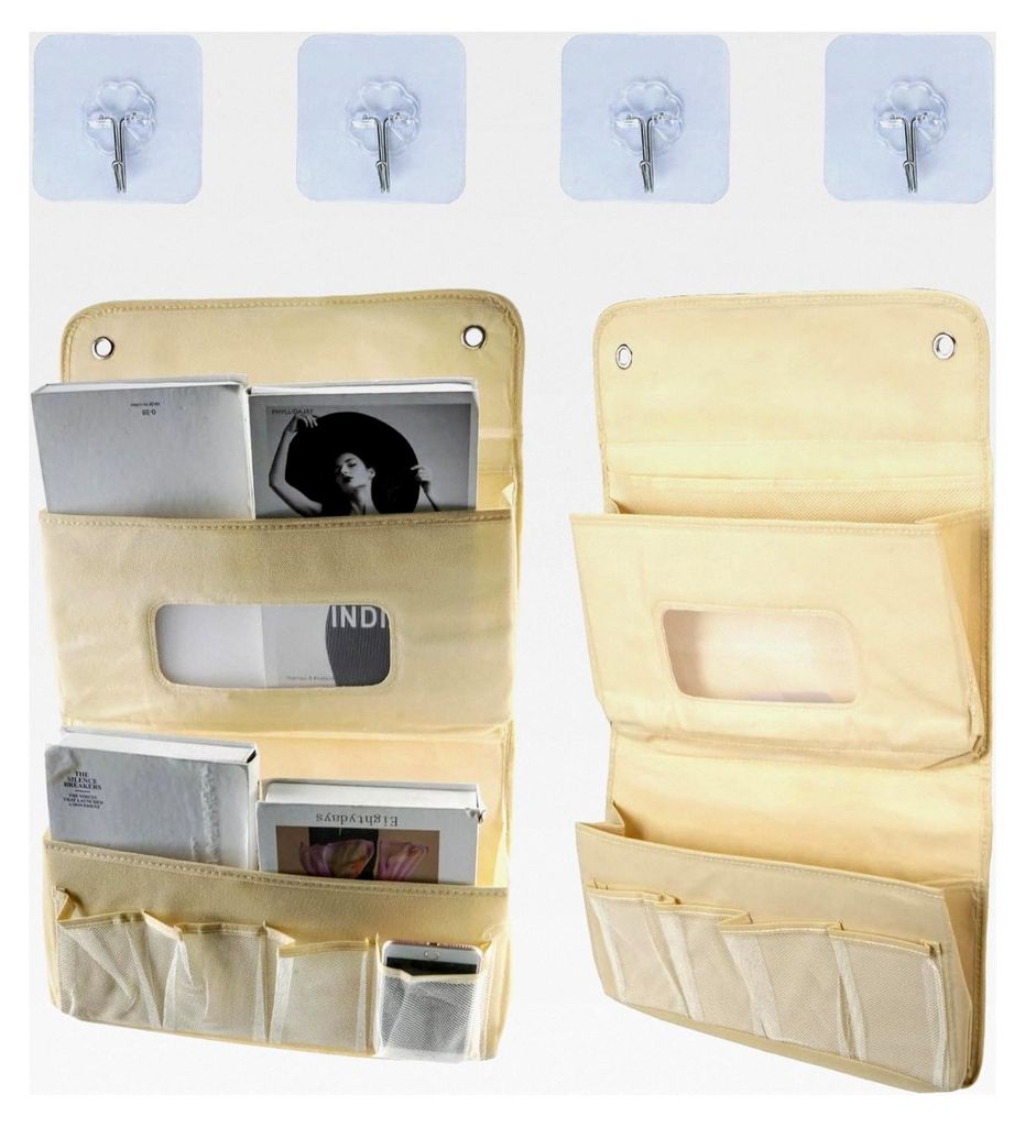 2 Stück Hängeorganizer mit 2 Fächern und 4 Klebehaken für Tür und Wand (Beige)