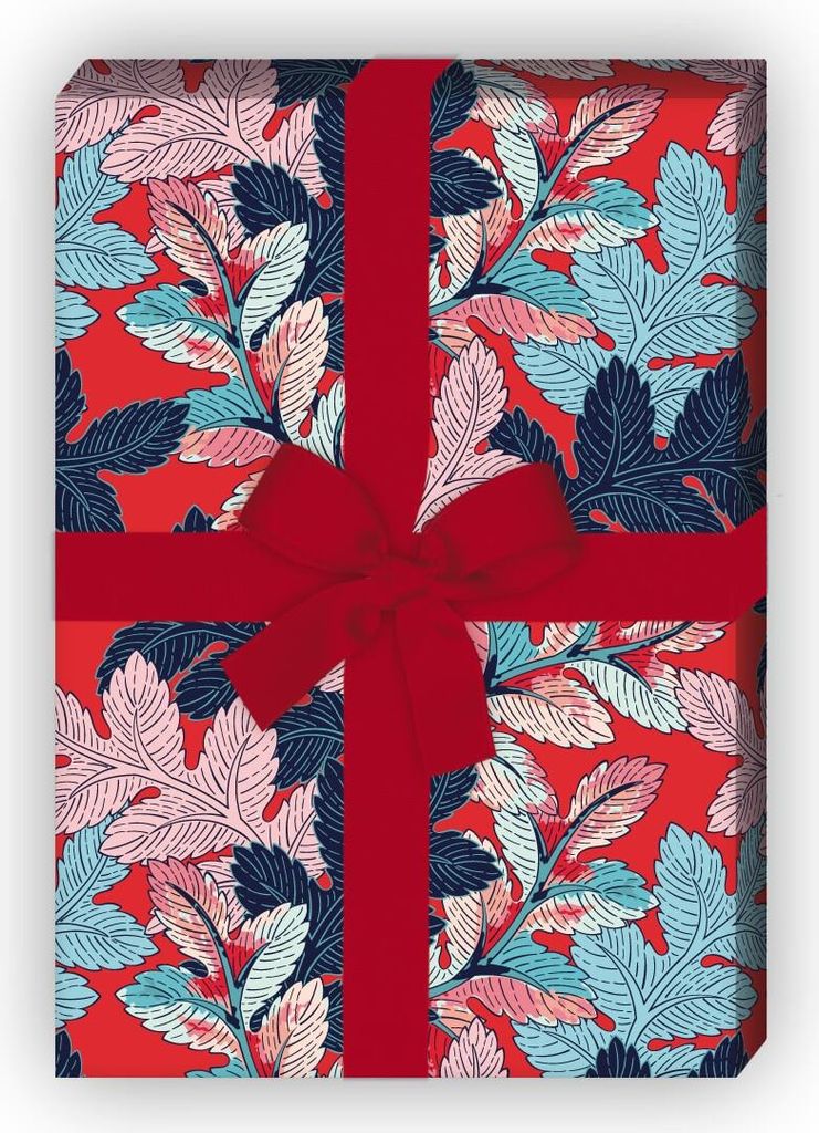 Modernes rotes Geschenkpapier zum Einpacken mit Laub Blätter Muster - G10243, 32 x 48cm