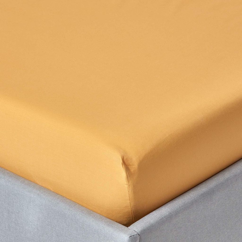 HOMESCAPES Perkal-Spannbettlaken extra hoch – senfgelb, 100 % Ägyptische Baumwolle, 140 x 190 cm
