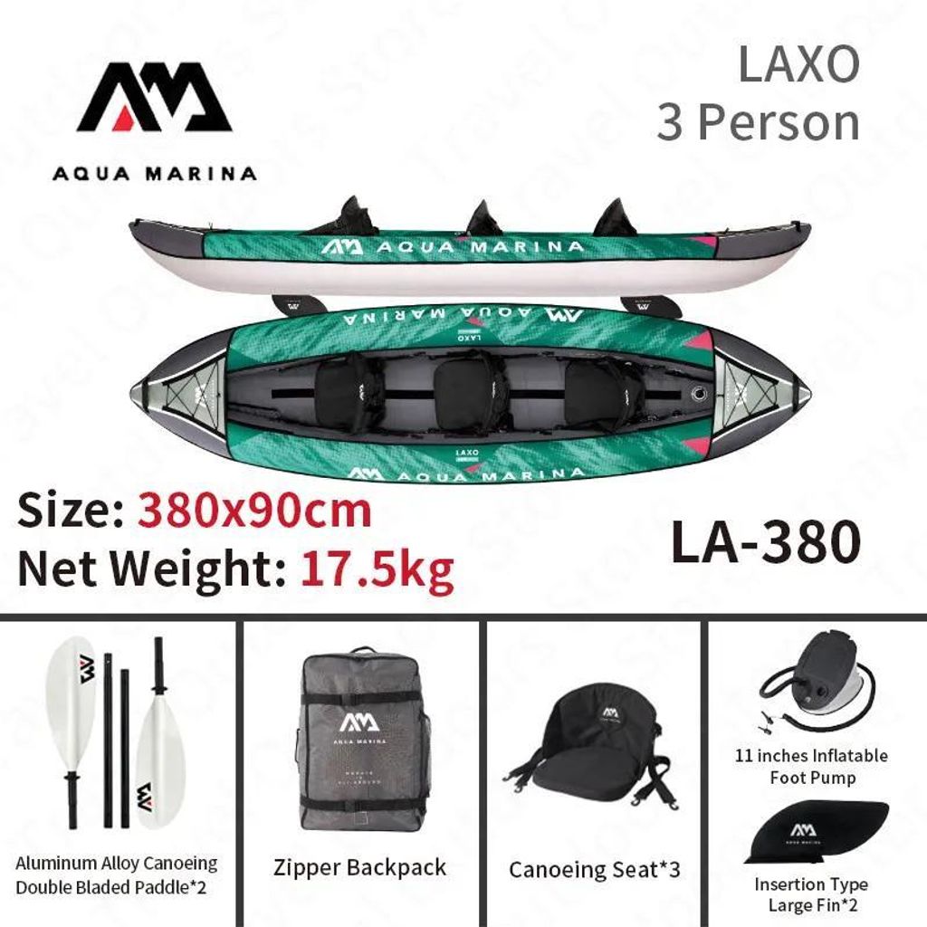 LAXO LA-380 - Aufblasbares Kajak Kanu - 3 Personen - 380x90cm - 600D Polyester - 2+1 Luftkammern - Angeln und Wassersport