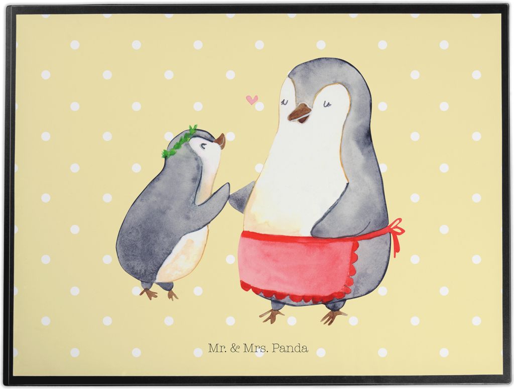 Mr. & Mrs. Panda schreibtischunterlage Pinguin mit Kind - Gelb Pastell - Geschenk, Muttertag, schreibtischunterlagen, tischpad, Familie, malunterla...