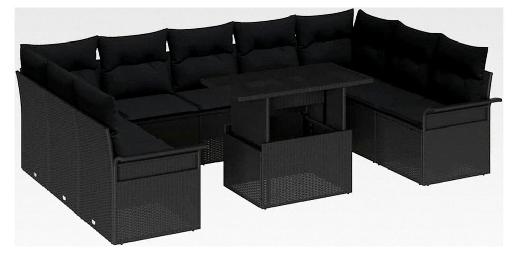 10-teiliges Garten-Sofa-Set mit Kissen in Schwarz aus Poly-Rattan für den Außenbereich