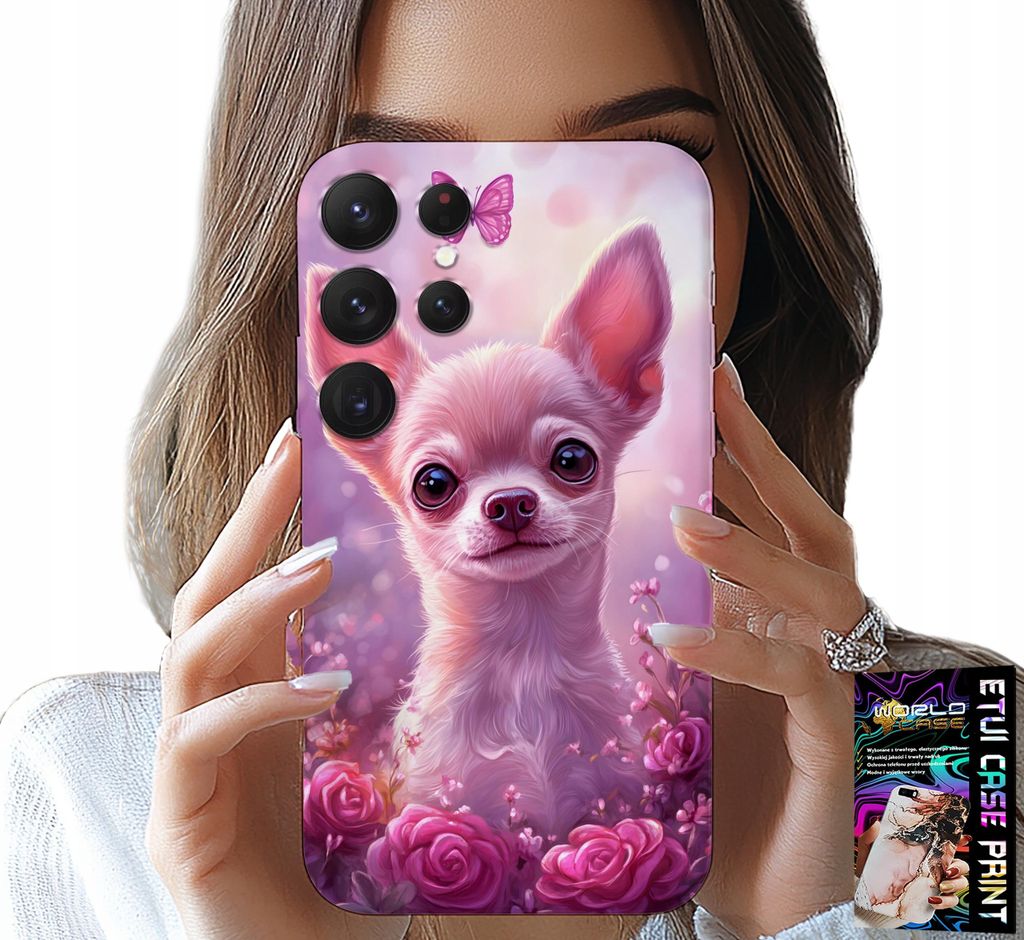 ETUI FÜR SAMSUNG GALAXY S23 Ultra - SWEET CHIHUAHUA AUF EINEM PINKEN BLUMEN-HINTERGRUND