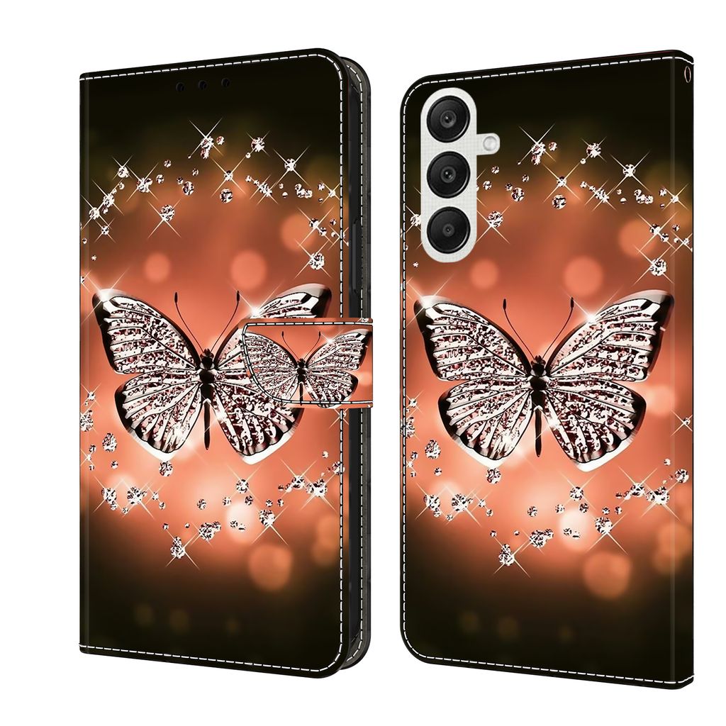 A product image showing a phone case with a butterfly and diamond pattern, displayed in an open and closed state.