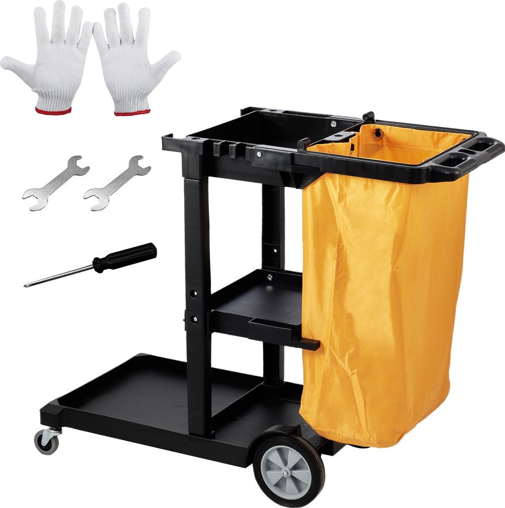 A cleaning cart with accessories on a white background.