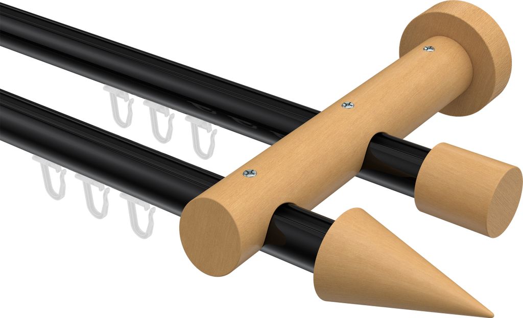 Interdeco Innenlaufstange / Gardinenstange mit Innenlauf Schwarz / Buche lackiert, Typ Talent Siveo (Kegel), 20 mm Ø 2-läufig, 180 cm