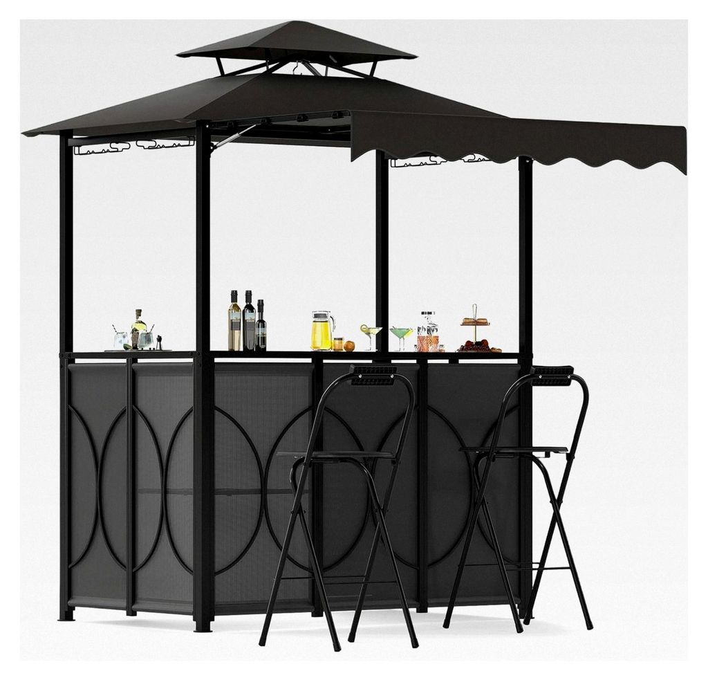 Grillpavillon mit Bartisch und 2 Hockern, strapazierfähiger Outdoor-Pavillon mit Doppeldach, regen- und feuerfest (Grau, mit Seitenzelt, 193 x 117...