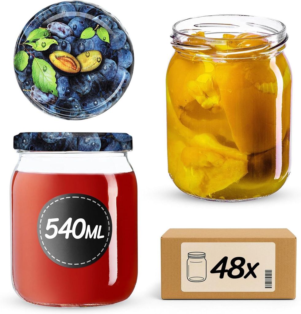 KADAX Einmachgläser mit Deckel "Senna", Marmeladengläser, Einweckgläser, 540 ml, Pflumen, 48 Stück
