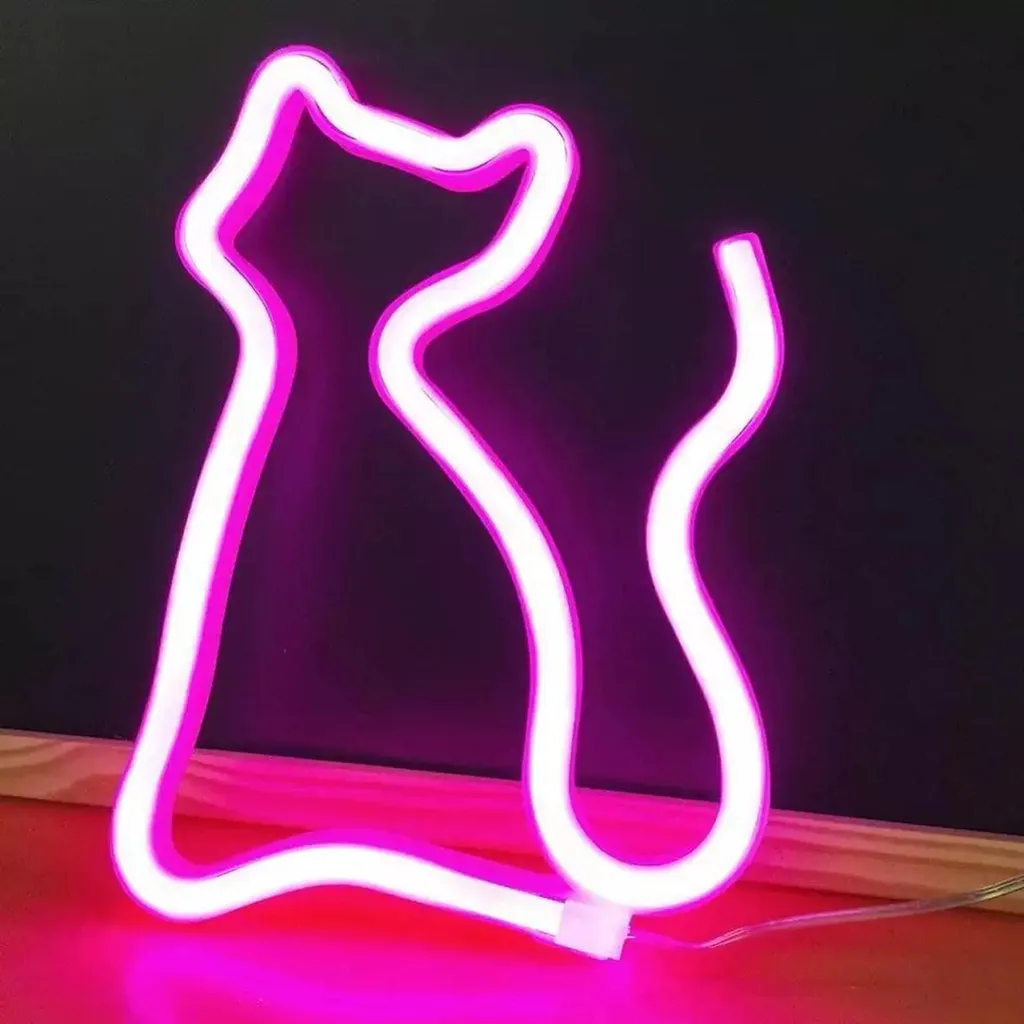 Luce Notturna Neon Gatto Rosa LED - Sicura per Bambini USB/Batteria