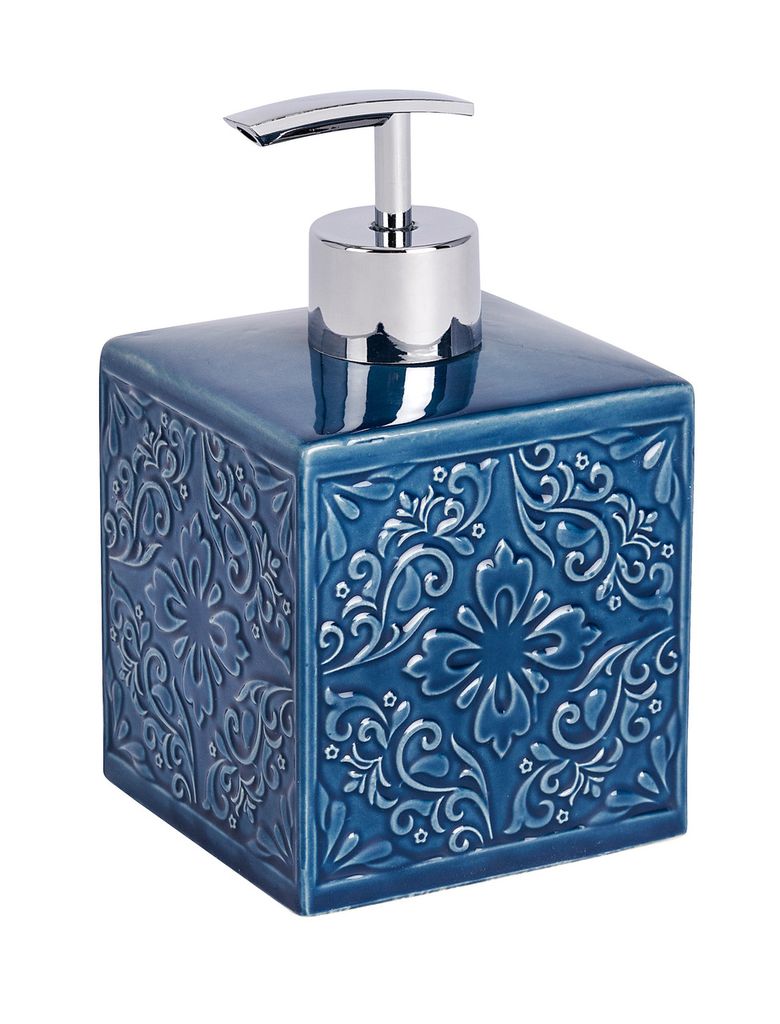 A blue ceramic soap dispenser with a silver pump.