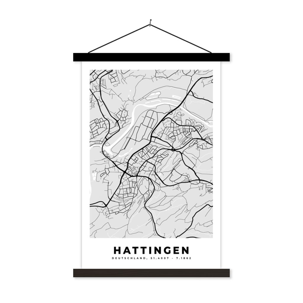 MuchoWow Textilposter Stadtplan - Hattingen - Karte - Deutschland 120x180 cm mit schwarzem Rahmen - Fotos