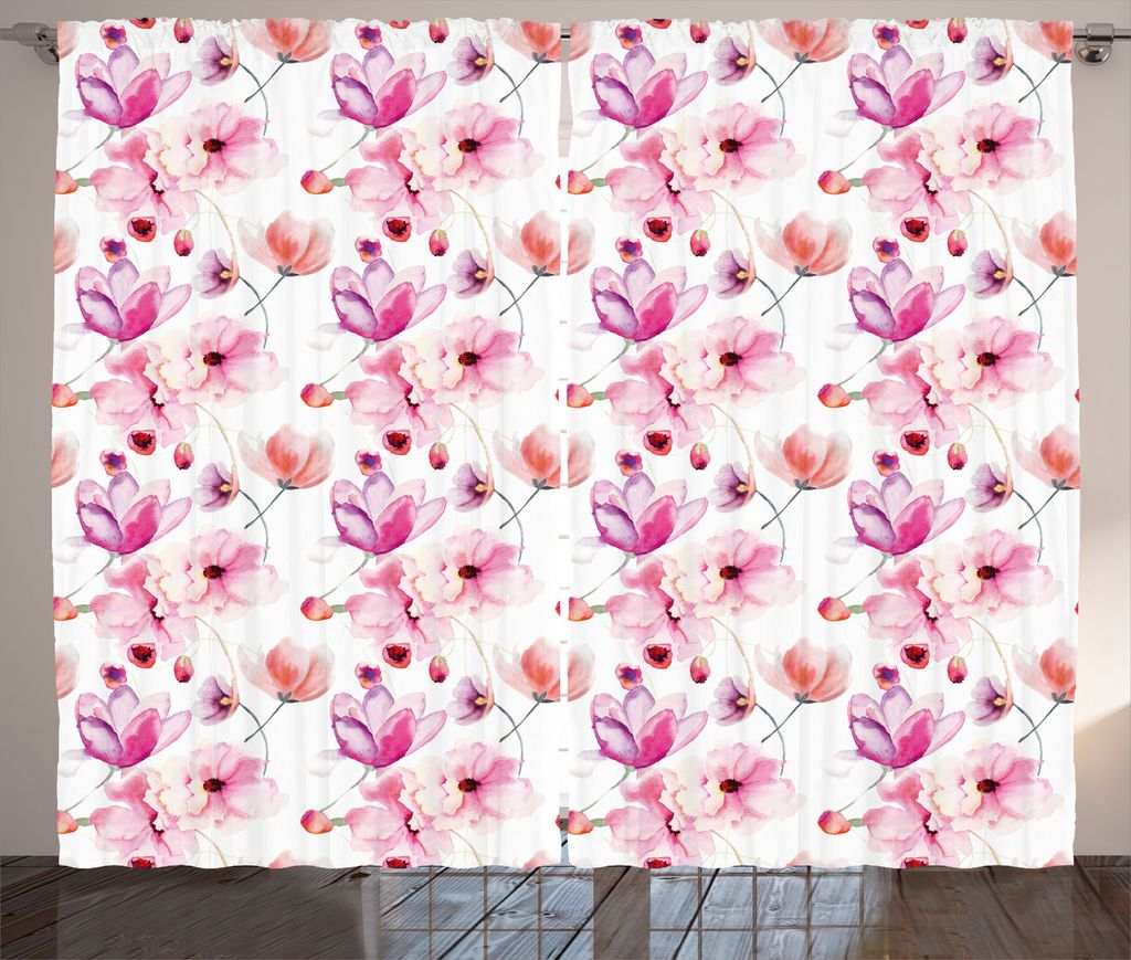 ABAKUHAUS Blumen Rustikaler Gardine, Aquarell Frühling blüht, Schlafzimmer Kräuselband Vorhang mit Schlaufen und Haken, 280 x 225 cm, Lila Koral...