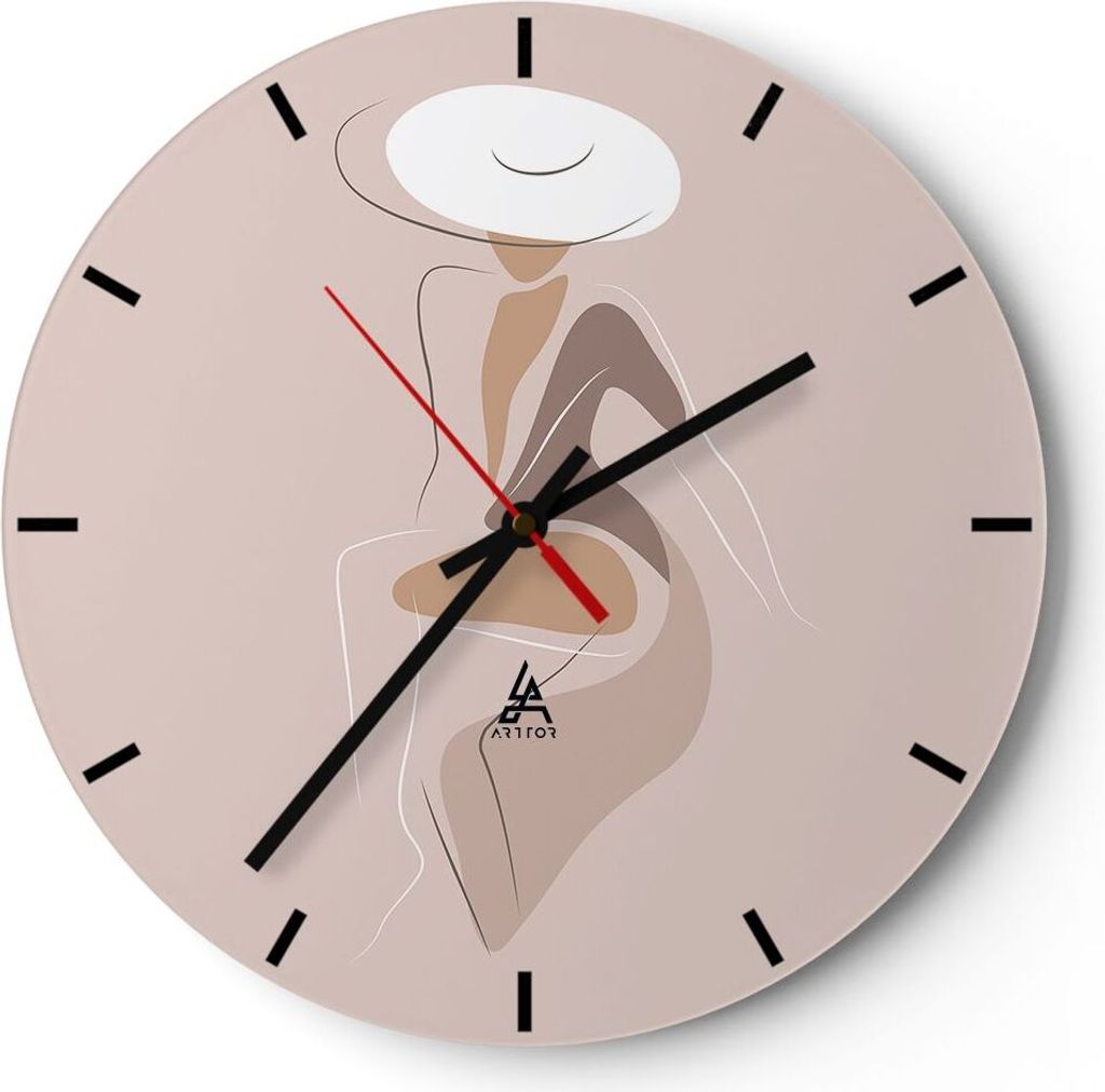 Wanduhr - Rund - Glasuhr - Buntstift Frau Hut - 30x30cm - Schleichendes Uhrwerk - Lautlos - zum Aufhängen bereit - Dekoration Modern - Wanddekorat...