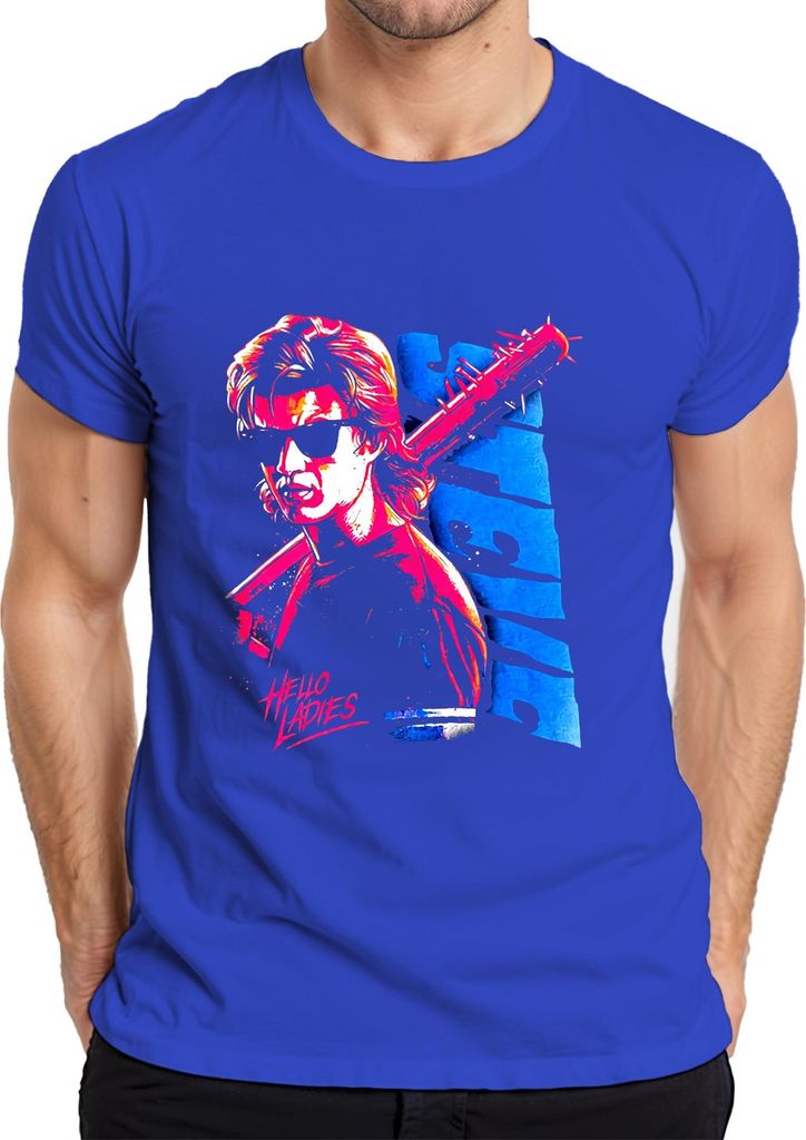 Hello Ladies 80er Neon Retro Sonnenbrille Stachelkeule Steve Herren T-Shirt, Blau, XXL
