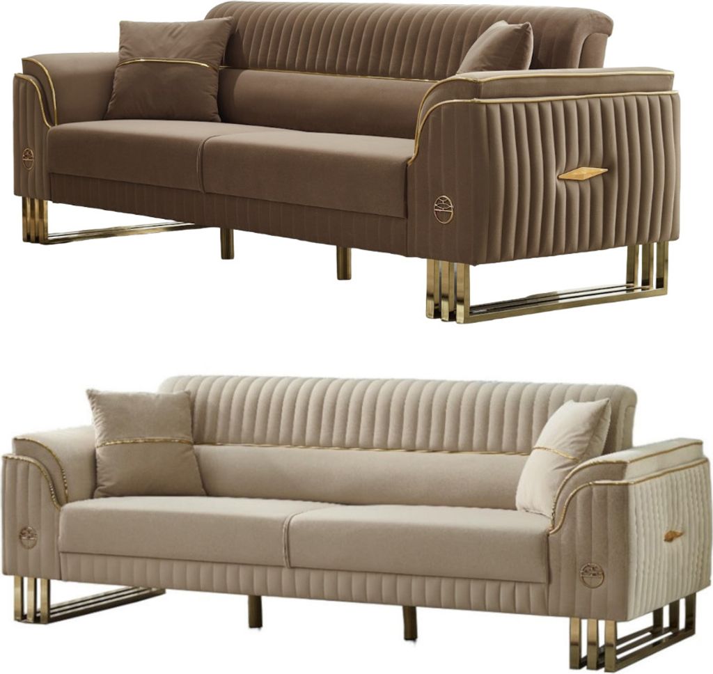 Villa Möbel Sofa Set New Flavia Braun-Beige Stellvariante:2+2 Relax- und Bettfunktion, pflegeleichter Mikrofaser Samtstoff