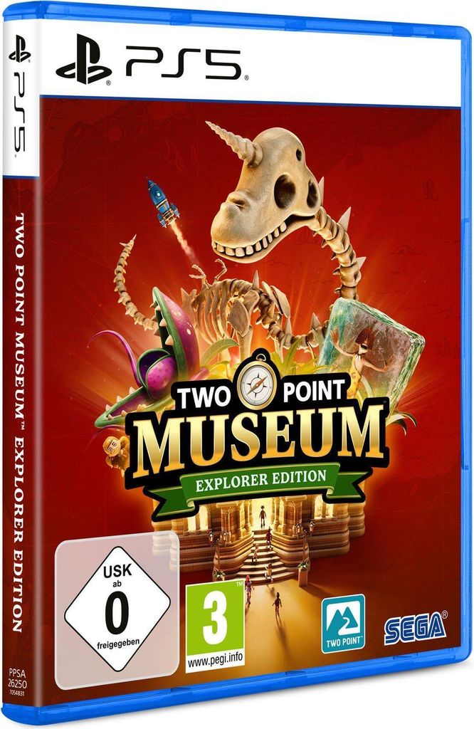 The image shows the front cover of a PlayStation 5 game case for 'Two Point Museum - Explorer Edition'.