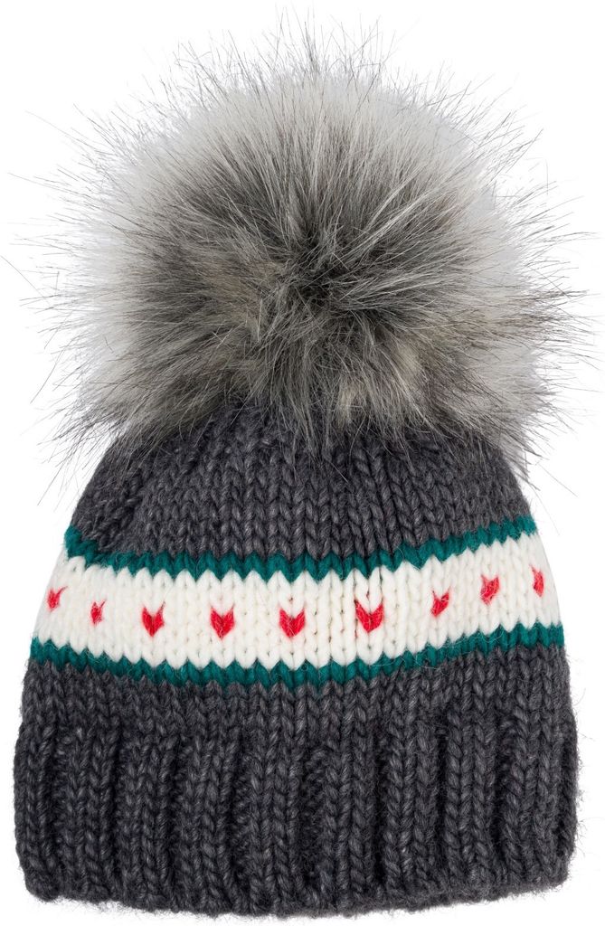 styleBREAKER Kinder Strick Bommelmütze mit Herzmuster und Thermo Fleece Futter, Winter Fellbommel Mütze, 3-5 Jahre 04024209