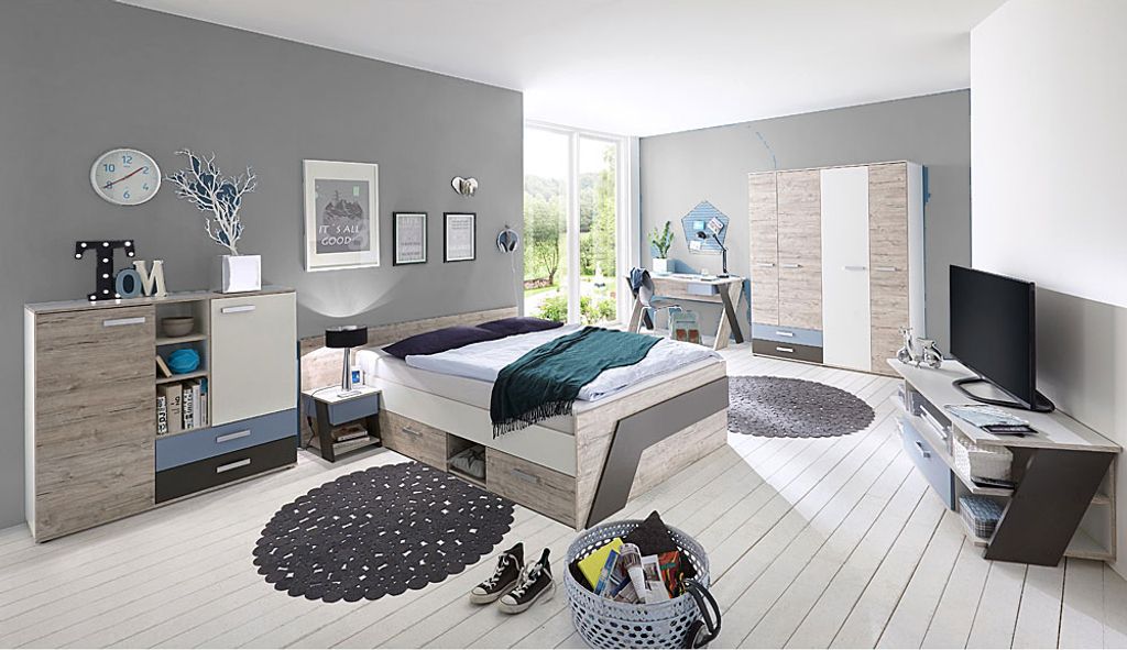 A modern bedroom with a bed, wardrobe, desk, and TV.