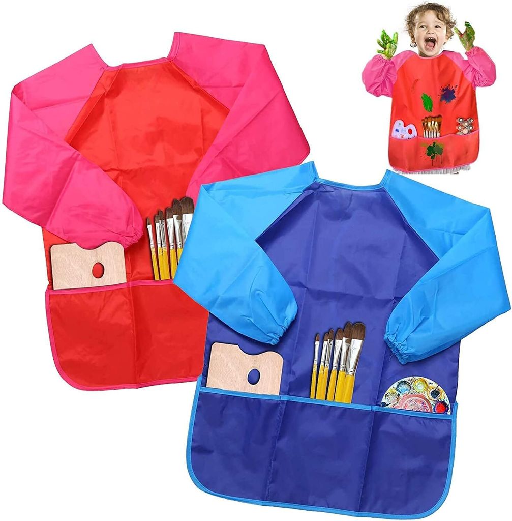 Malschürze für die Kinder von 6-9 Jahre | 3 Taschen | wasserabweisend | Bastelschürze Kinderschürze Malkittel | mit Klettverschluß | Farbe Rot