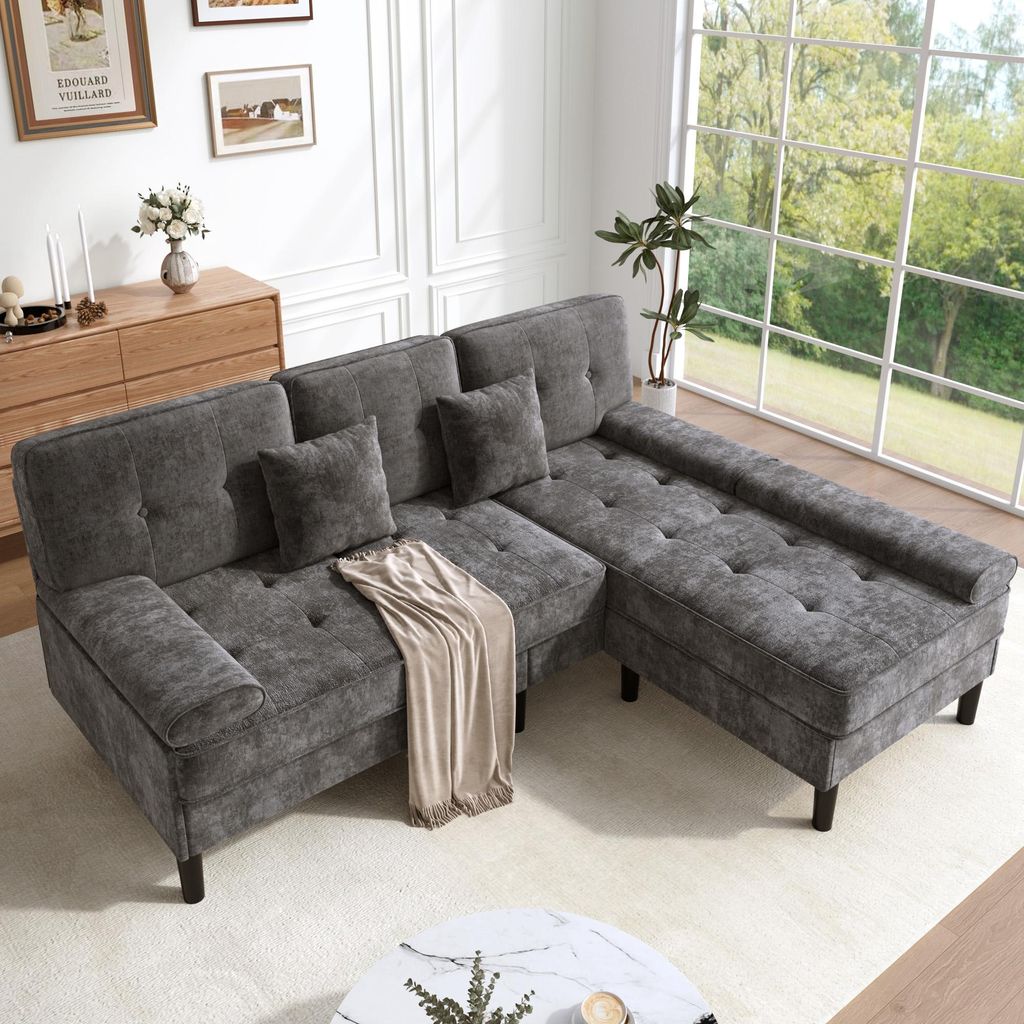 L-förmiges modulares Chenille-Ecksofa,dreisitziges Multifunktions-Chaiselongen-Sofa mit Schlaffunktion,bewegliche Fußbank,ideal für kleine Apart...