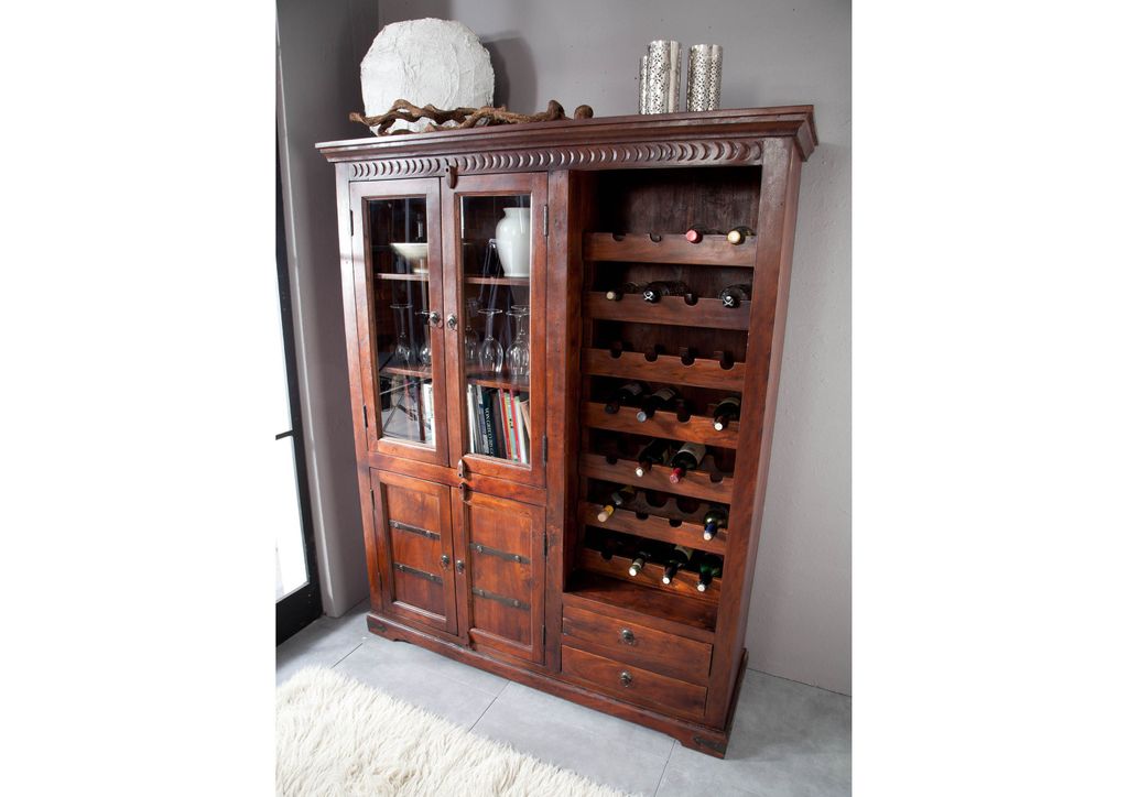 MASSIVMOEBEL24Weinschrank Akazie 144x47x180 nougat lackiert OXFORD #519