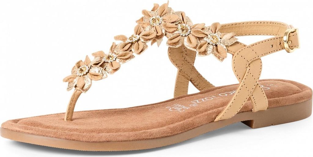 MARCO TOZZI Damen Sandale T-Riemen Leder Blumen Perlen Produktbild 
