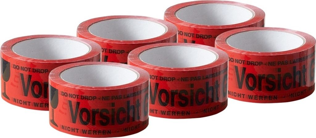 6x Klebeband " Vorsicht Glas " Packband rot Paketband PP 48 Produktbild 1