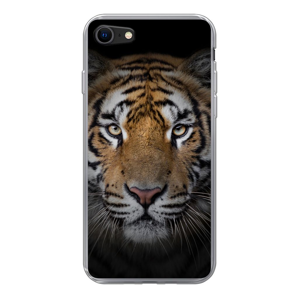 MuchoWow Handyhülle Schutzhülle Hülle für iPhone SE 2020 Tiger - Wildtiere - Porträt - Schwarz - Tiere Silikon Softcase Handy Hülle - Karte...