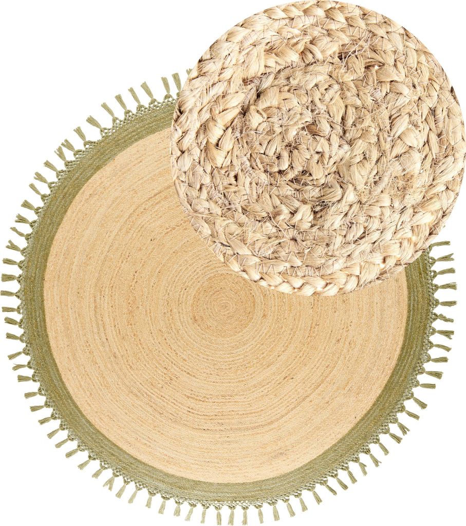 BELIANI Teppich Beige und Grün Jute Rund ø 200 cm mit Fransen Boho Rustikal Spiralform Geflochten Handgefertigt Natürlich Schlafzimmer Wohnzimmer