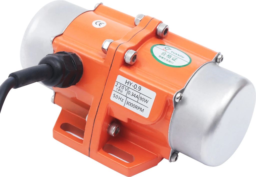 A close-up studio shot of an orange and silver asynchronous vibration motor.