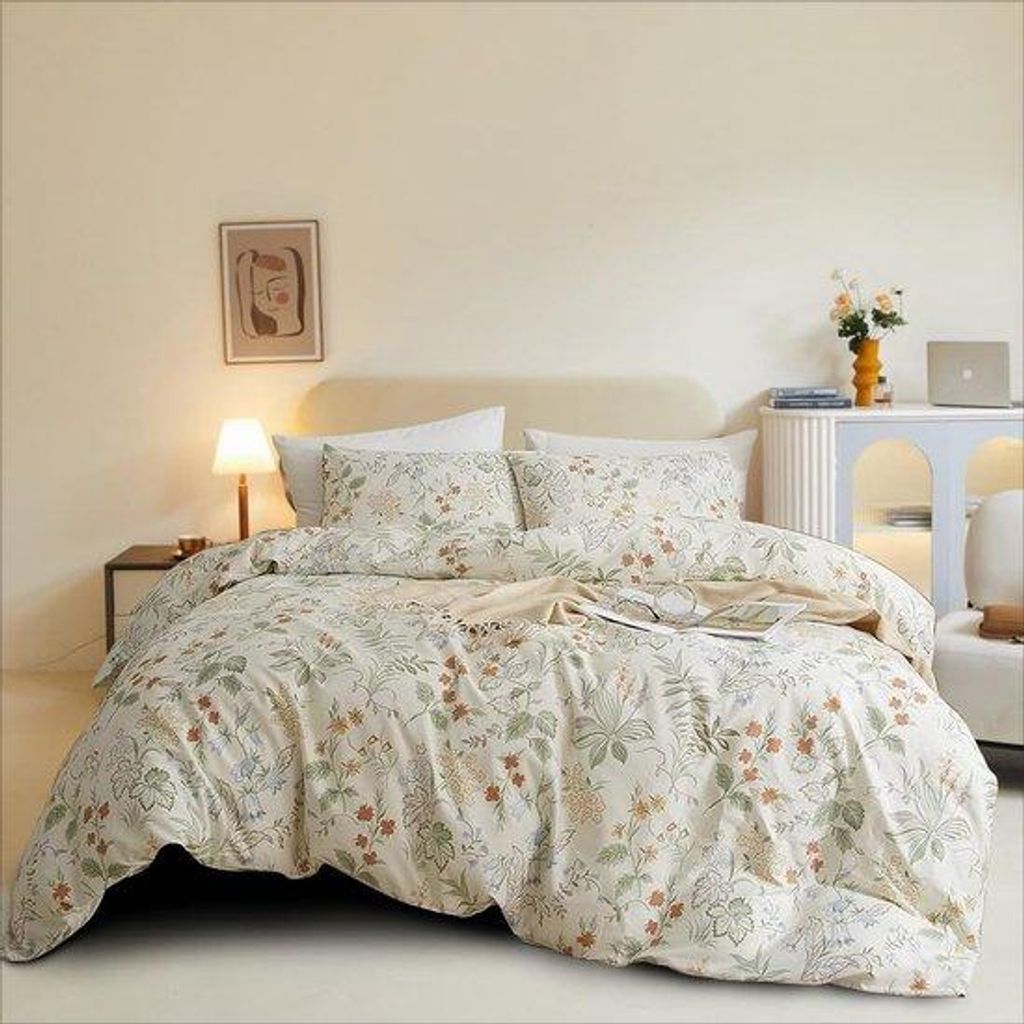 Bettwäsche, 135 x 200 cm, 2-teilig, beige, Blumen, Blätter, Muster, Bettwäscheset, Pflanzen, botanisch, umkehrbare Bettwäsche, farbenfroh, weic...
