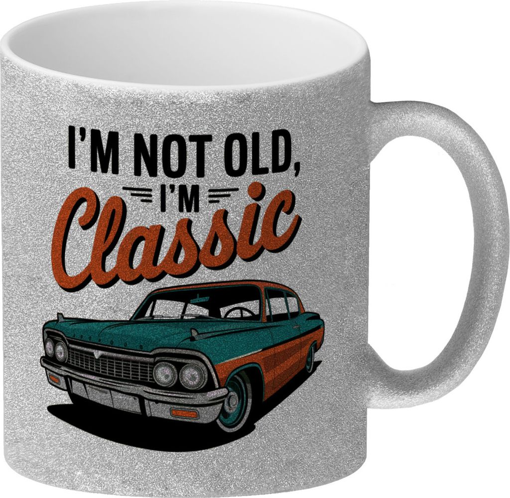 Vintage-Auto Glitzer-Kaffeebecher - I'M NOT OLD, I'M CLASSIC